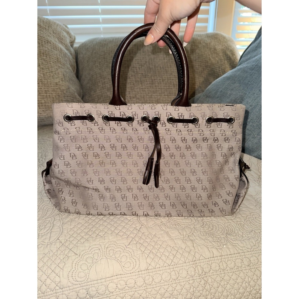 Dooney & Bourke Signature Canvas Satchel Logo Bag Double Leather Handles Tassels